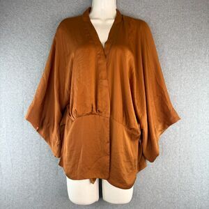 Zara Burnt Orange Satin Kimono Cardigan V-Neck 3/4 Sleeve Size M Boho Chic